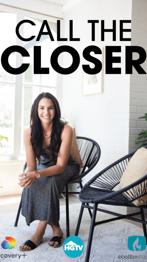 Lauren Risley poses on a chair with "Call the Closer" written across the top of the image.