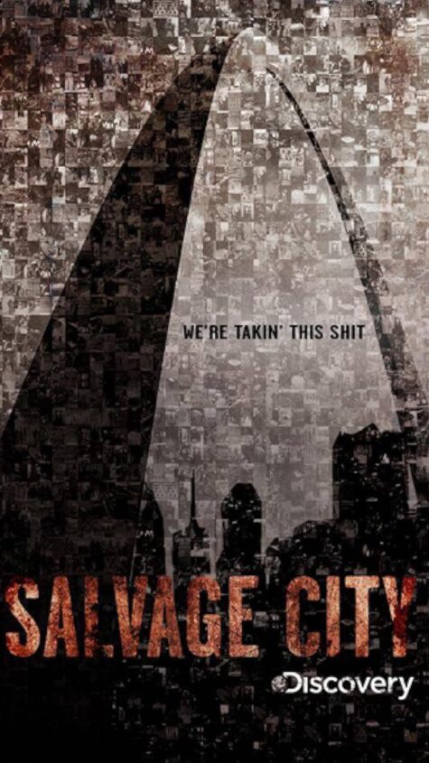 A pixelated, low angle image of the St. Louis Arch with "We're takin' this shit" written across the middle and "Salvage City" written across the bottom.